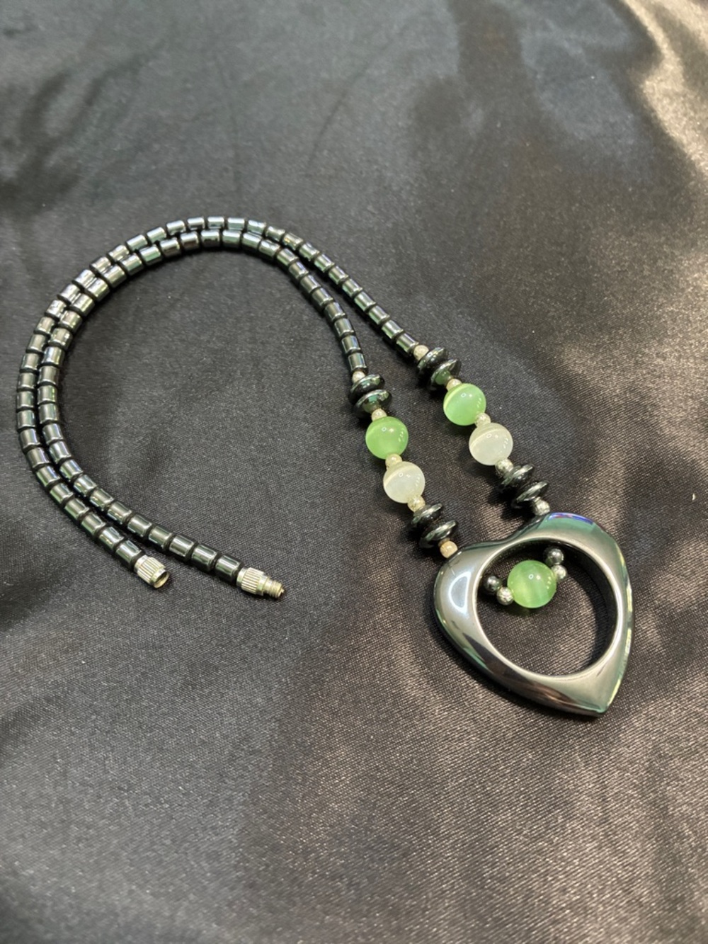 Hematite with Green Bead Heart Pendant Necklace - Women Jewelry